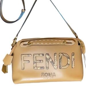 Fendi By The Way Medium Logo Python-Trim Leather Satchel Tan